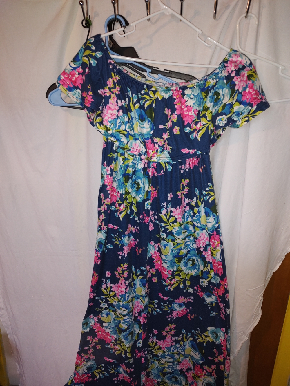 Floral Off-Shoulder Maxi Dress - Navy with Pink & Blue Flowers